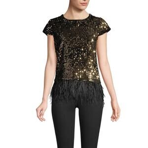 MILLY Sequin Top Gold Feather Hemmed Sz 2 NWT